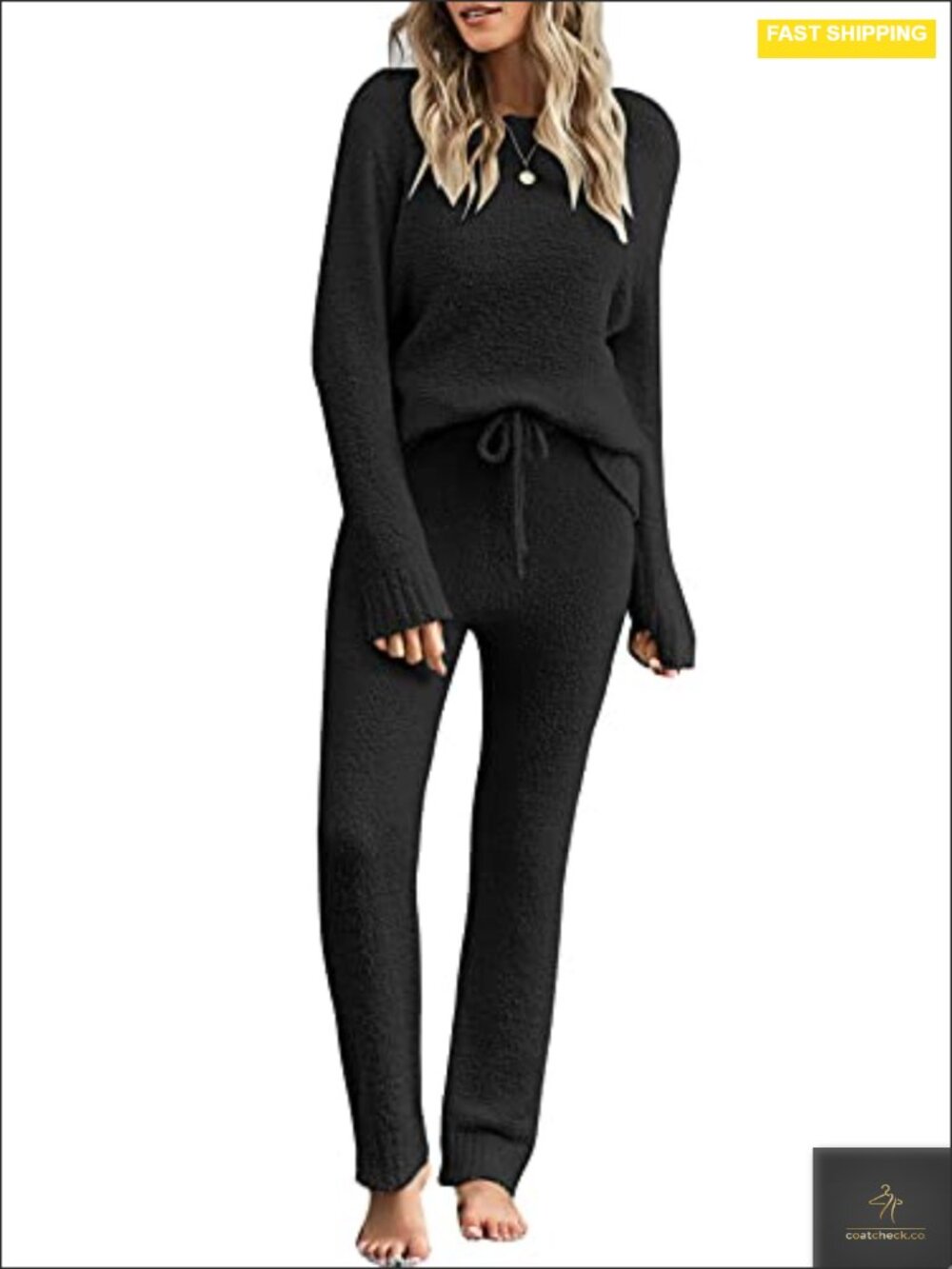 Fuzzy Fleece Knit Pajama Set, Drawstring Lounge Set, Long Sleeve PJs, 2-Piece,